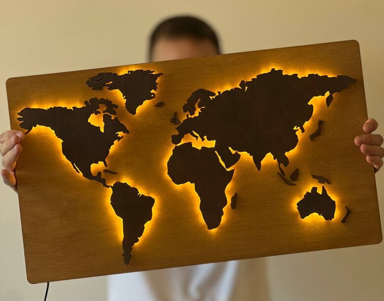 Wooden wall map with LED lighting